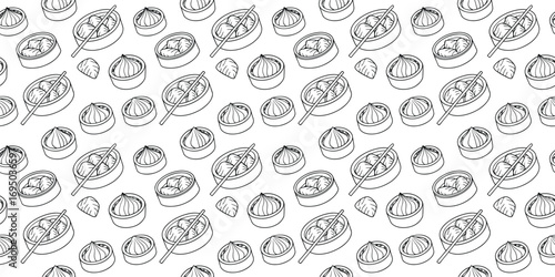 Seamless Asian food pattern with hand drawn dumplings,  buns, and dim sum basket illustration. Perfect outline background design for restaurant menu, packaging, textile, and wallpaper. Rustic 