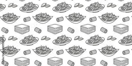 Seamless Italian food pattern with hand drawn pasta,  and ravioli illustration. Perfect outline background for menu, packaging, textile, and wallpaper. Rustic sketch style ideal for restaurant