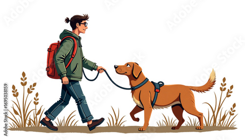 Stylized illustration of a blind man walking with a golden retriever guide, emphasizing an active lifestyle in a natural environment 