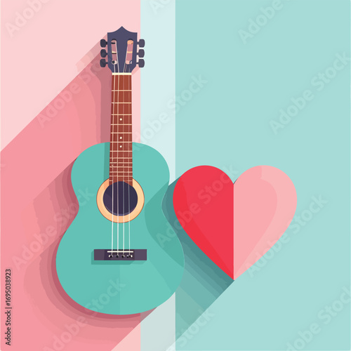 Flat Design Acoustic Guitar and Heart Symbol with Long Shadows.