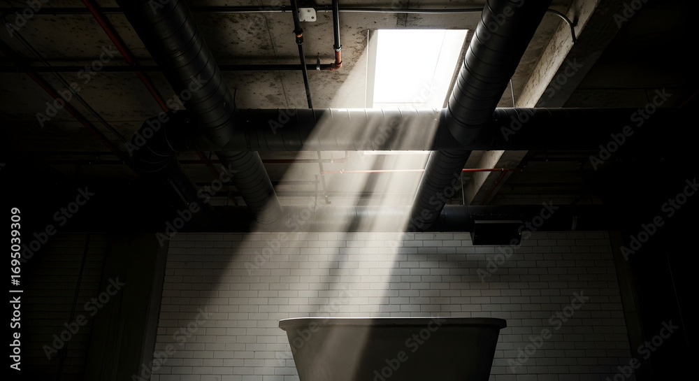 Fototapeta premium Dramatic Illumination Inside Industrial Space With Plumbing Against Brick Wall Abstract