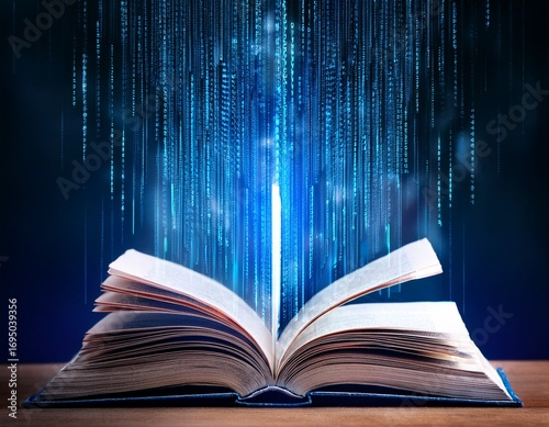 an open book with pages turning into digital data streams representing the integration of technology and education in ai educational tools