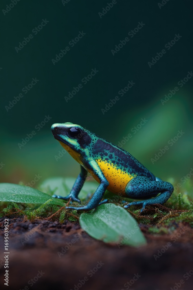 Obraz premium Vibrant amphibian resting on lush green leaves, showcasing strik