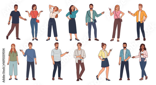 The characters wear casual clothing such as t-shirts, shirts, isolated on a white background, with space between characters.