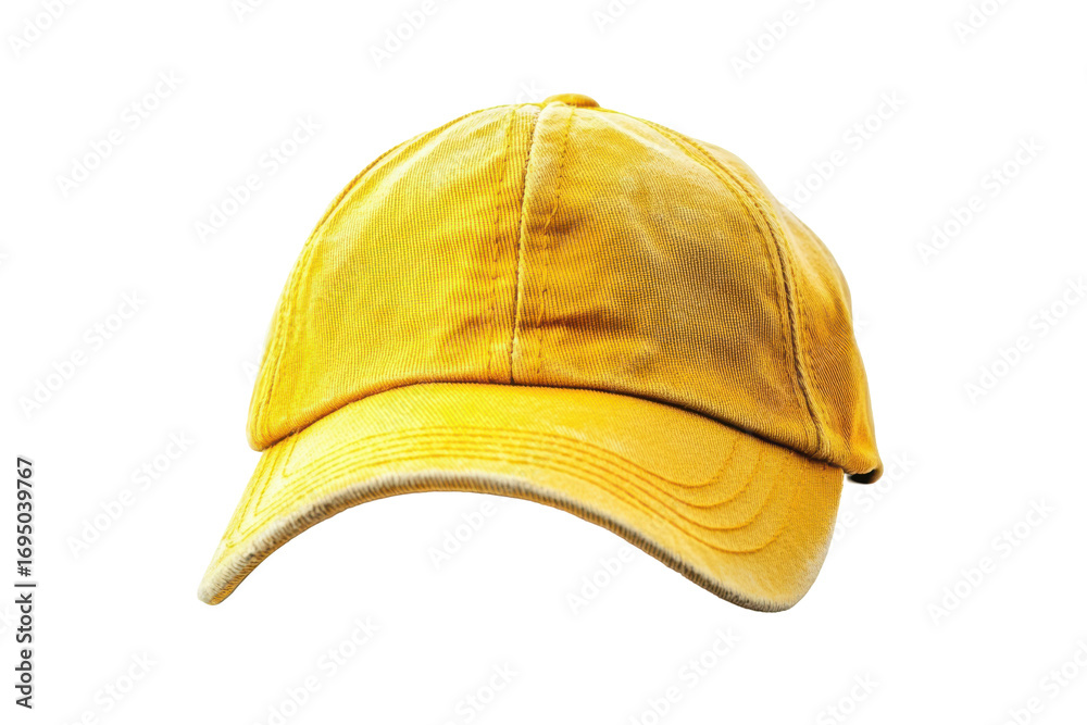 Fototapeta premium Yellow corduroy baseball cap isolated on transparent background. Yellow baseball cap isolated on white background.