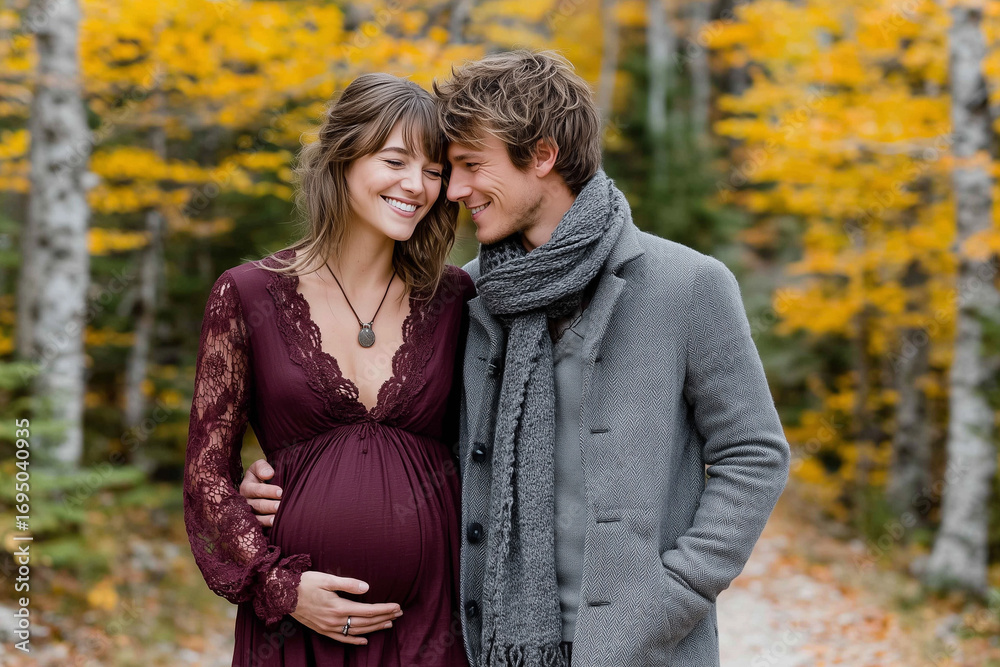 Fototapeta premium Happy expecting couple walking through autumn forest, pregnant woman in burgundy lace dress smiling with partner in cozy scarf and coat, romantic fall maternity lifestyle portrait