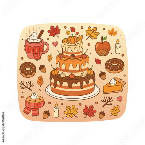 Hand drawn autumn themed dessert illustration with cake, pie, donut, coffee mug, apple, candles, and fall leaves. Cozy seasonal food and drink doodle for holiday design, greeting cards, and packaging.
