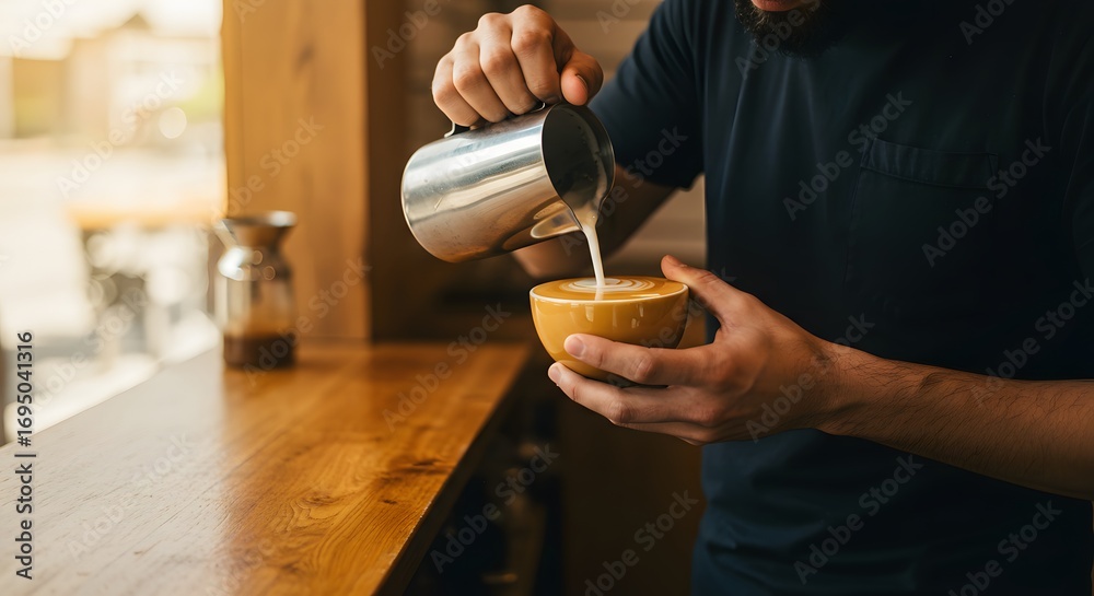 Obraz premium Person pouring milk from a metal pitcher into a cup to create latte art on a wooden counter top
