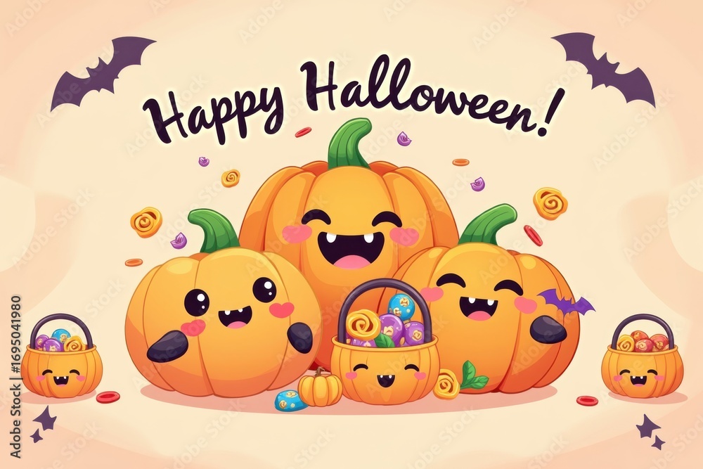 Obraz premium Cute halloween pumpkins and candy with happy halloween text