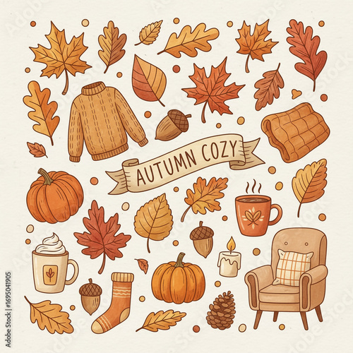 Autumn Cozy Elements Illustration with Leaves, Pumpkins, Sweater and Coffee