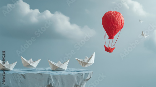 Red paper hot air balloon flying above paper boats on cliff edge with cloudy sky
