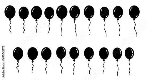 Collection of black balloons with strings isolated on white background