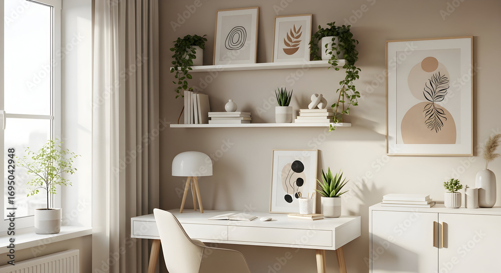 Fototapeta premium Elegant and modern home office interior with minimalist design showcasing plants and artwork