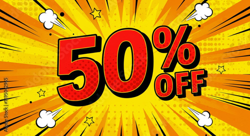 Comic Book Design 50 Percent Off Sale Banner Isolated on White