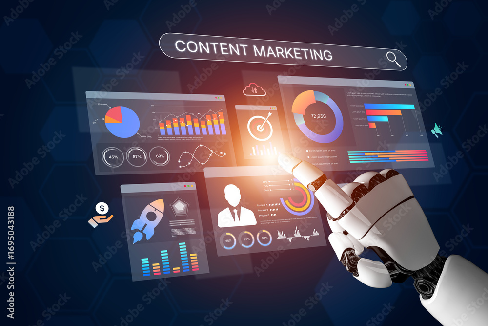 Fototapeta premium AI boosts content marketing with smart dashboards, analytics, and automation tools to improve performance, plan strategies, and track digital content success. Artificial intelligence spline