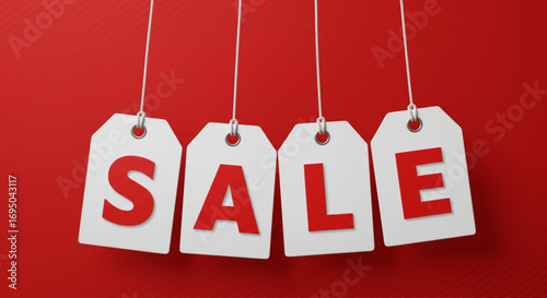Four white price tags spelling sale hanging on strings isolated on white background