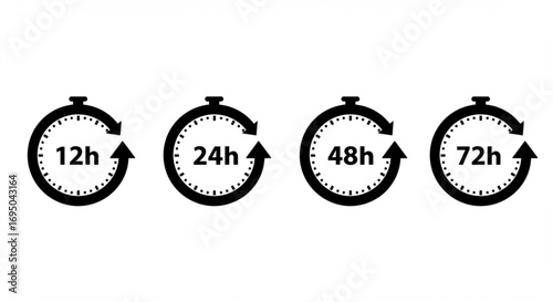 Four circular timers showing 12h 24h 48h 72h isolated on white background