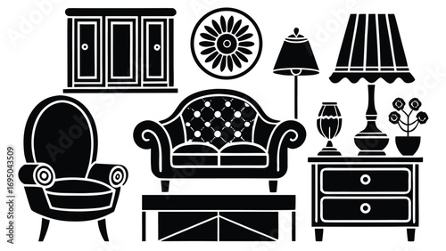 Vintage and luxury furniture icons set for interior room design with sofa, table, and lamp