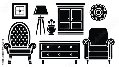 Furniture icon set with sofa, chair, and table for living room interior design illustration
