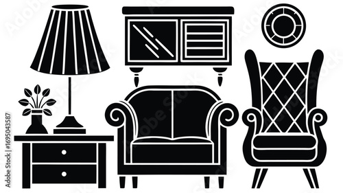 Set of black furniture icons including sofa, armchair, and table for a living room interior design illustration