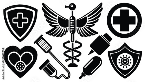 Black heraldic shields set with medical icons and business symbols vector illustration