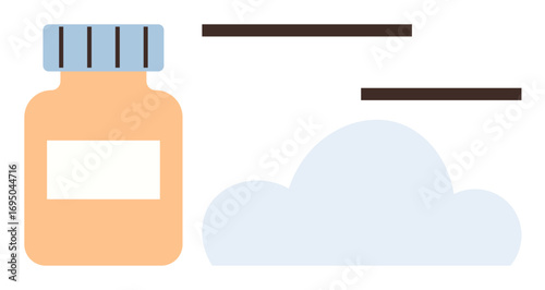 Medicine bottle with minimalistic design next to a cloud representing health, pharmacy, supplements, care, safety, wellness, treatment. Ideal for healthcare, pharmacy branding wellness campaigns