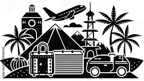 Vector illustration of a vintage car transporting a travel set to a tropical island