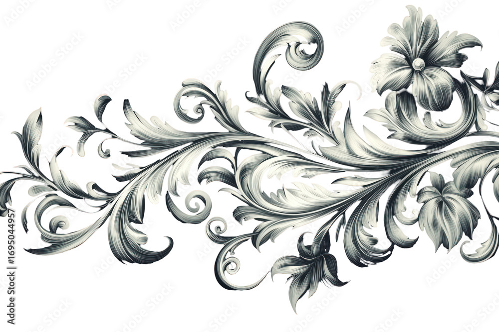 Fototapeta premium Elegant silver scrollwork ornament isolated on transparent background. Beautiful Elegant floral swirls and stunning ornaments design elements for decoration isolated on white background.