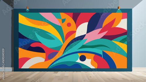 A large vibrant abstract painting hangs on the opposite wall adding a touch of color and interest.
