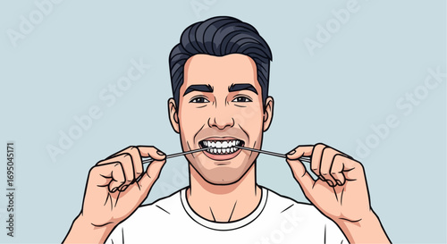 Smiling Man Flossing Teeth for Oral Hygiene Illustration