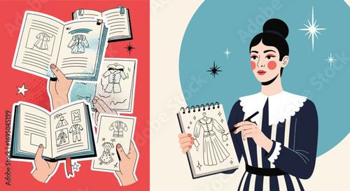 Fashion designer drawing garment sketches, creative process of creating unique clothes and looking