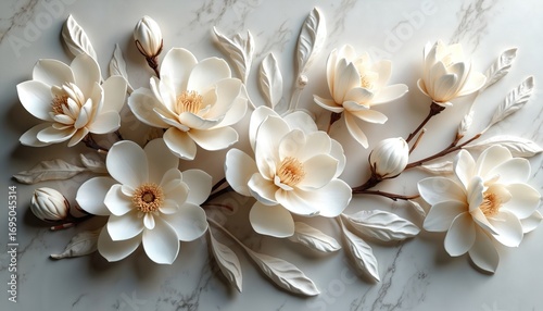 Elegant bas-relief sculpture features white magnolia flowers, leaves on textured marble background. Detailed, three-dimensional floral art intricate craftsmanship, delicate botanical motifs, adding