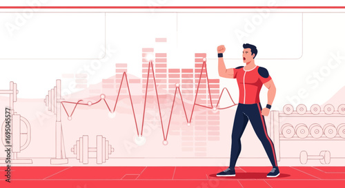 Fitness success man achieving goals with workout graph visualization background vector illustration