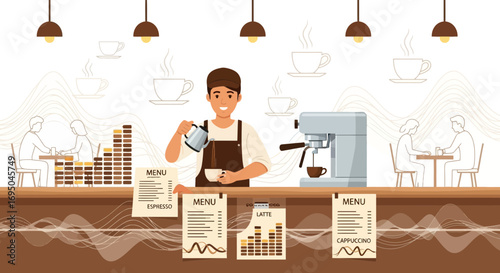 Friendly barista making coffee in a cozy cafe with customers enjoying their drinks and menu