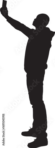 vector,silhouette of  Side rear view of a man taking a self-portrait with his arm raised with a smartphone
