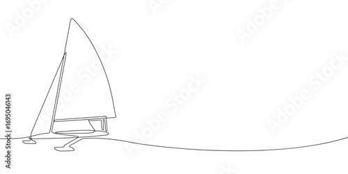 Minimalist continuous line drawing of ice boat with sail on runners. Black outline vector illustration for winter sport, sailing, competition, recreation, and speed design concepts