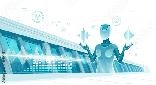 Futuristic AI Assistant Controlling Data Visualization in a Modern Environment