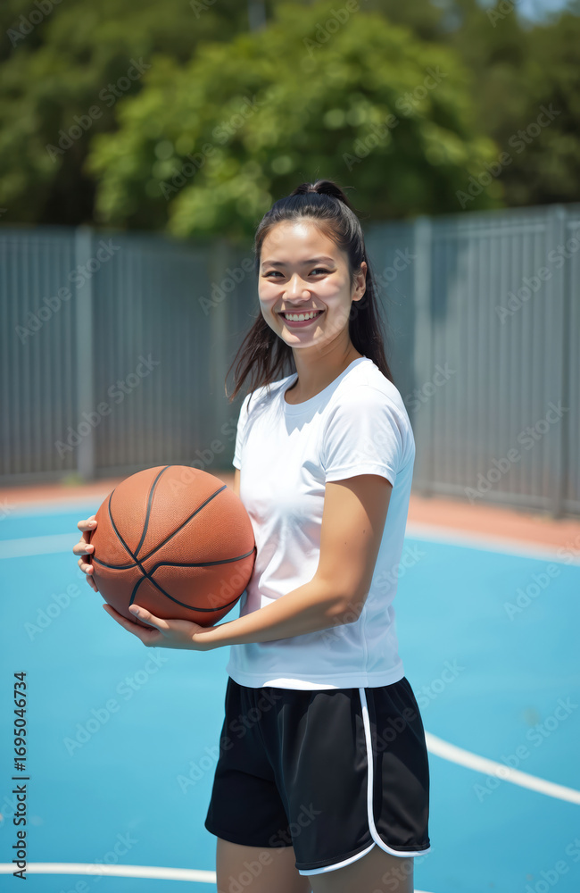 Fototapeta premium Young athletic Asian woman holds basketball on outdoor court. Happy female player smiles, dressed in white t-shirt and black shorts, ready for game. City park court with blue surface.