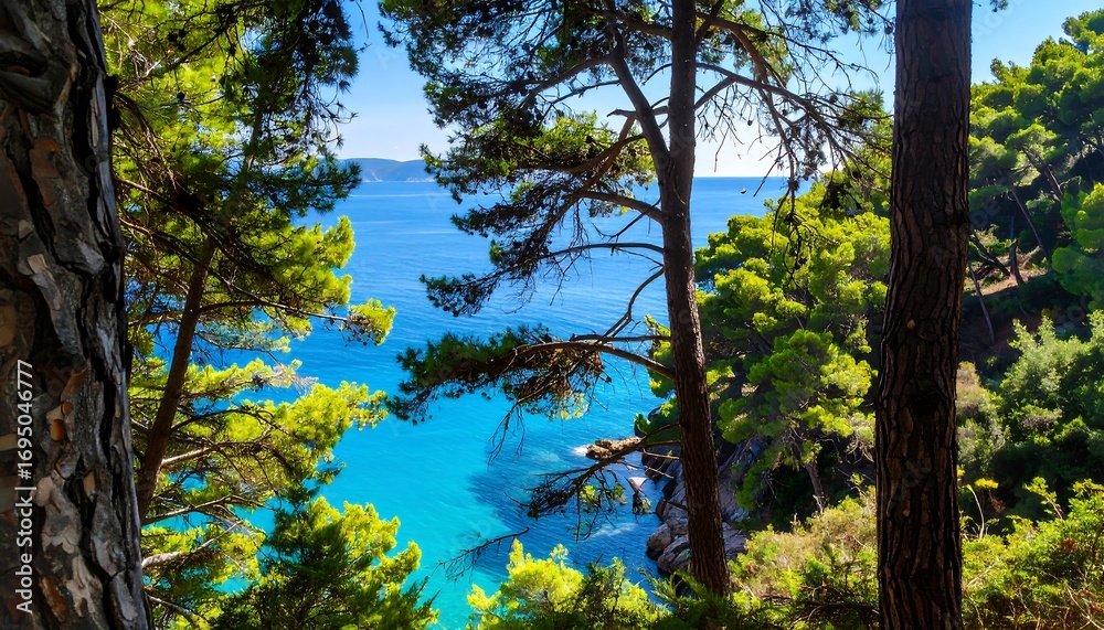 Obraz premium Coastal scenery through pine trees