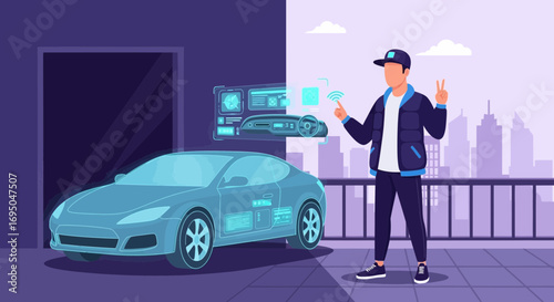 Futuristic Automotive Technology: Man Interacting with Smart Car Interface Display Technology