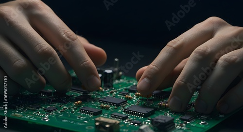 Hands assembling a green circuit board with various components under dim lighting conditions on dark background