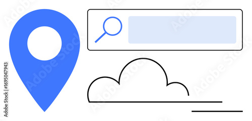 Blue location pin, magnifying glass in search bar, stylized cloud. Ideal for navigation, search engine, cloud storage, online services, travel, technology simple landing page