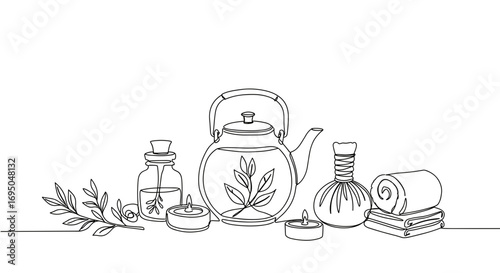 Monoline style illustration of herbal tea set with leaves and candles  