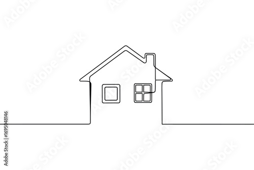Simple continuous line art drawing of a cozy house with chimney and windows