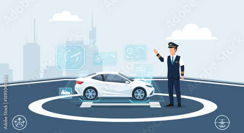 Futuristic autonomous vehicle with pilot and advanced hud technology features display