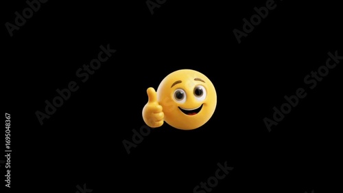 Joyful 3D emoji character giving a thumbs up with a big smile, conveying positivity and approval in a dynamic, modern digital animation sequence.