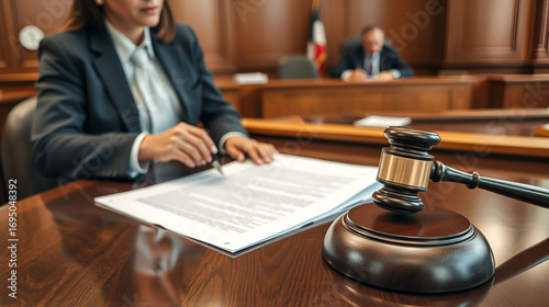 Justice lawyer meeting with contract papers and Judge gavel on tabel in courtroom. Attorney working in courtroom. Justice and law, attorney, court judge concept.