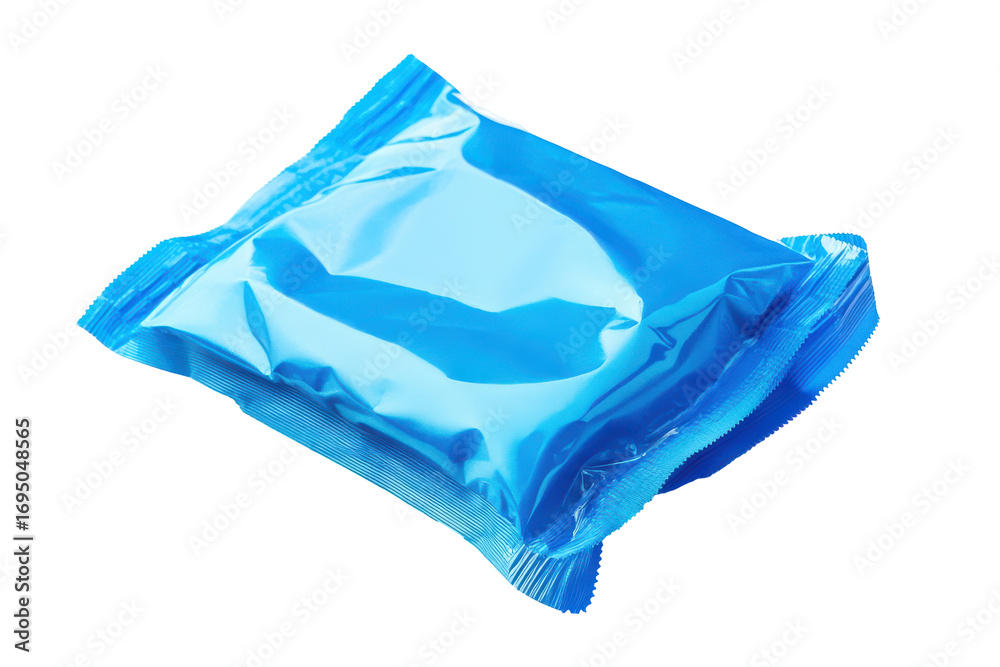 Obraz premium Blue ice packs stacked isolated on transparent background. Blue wet wipes flow pack isolated on white background.