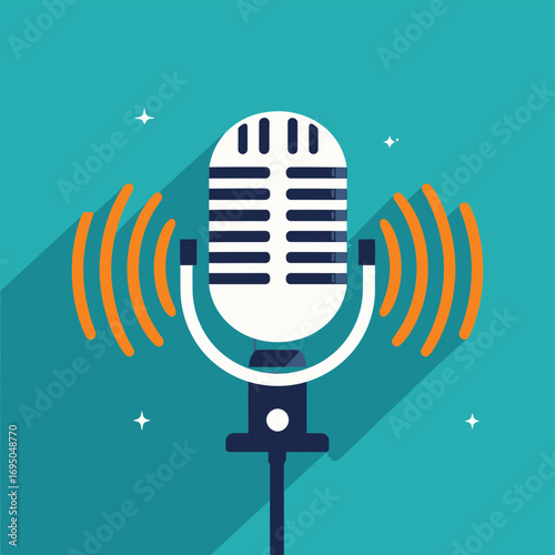 Retro microphone illustration with sound waves on a blue background.