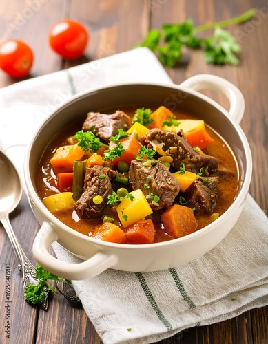 Hearty beef stew in a bowl